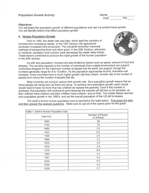 Updated Human Population Growth Worksheet