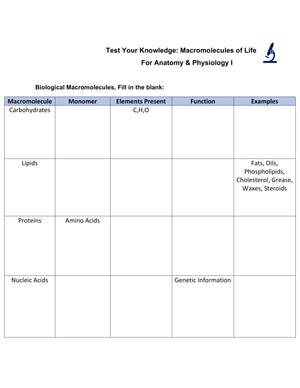 Macromolecules of Life Worksheet