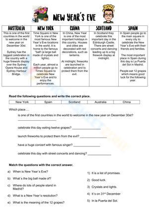 New Year’s Eve Traditions Worksheet