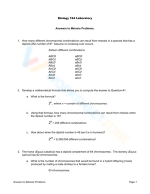 Answers to Meiosis Problems Worksheet