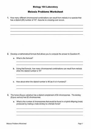 Meiosis & Diploid Numbers Printable Worksheet | Grade 9-12