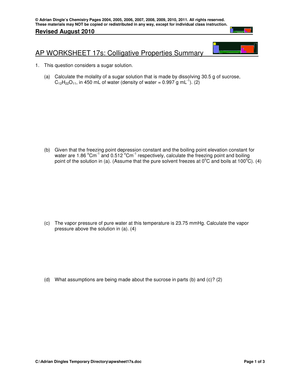Colligative Properties Summary Worksheet