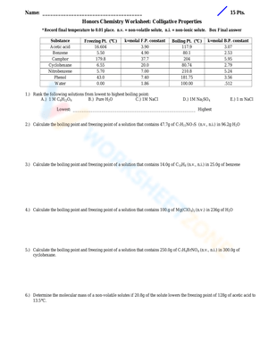 Comprehensive Colligative Properties Worksheet