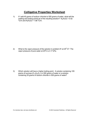 Advanced Colligative Properties Worksheet