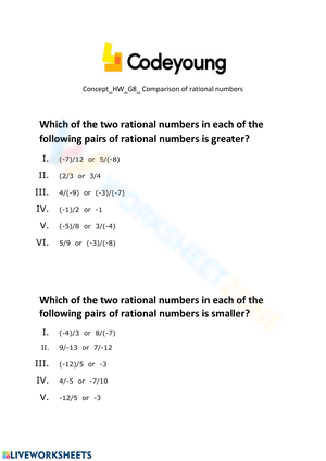 Comparison of Rational Numbers Worksheet
