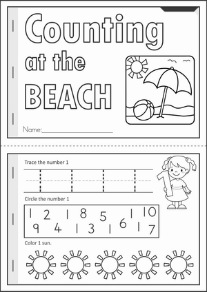 Printable Counting at the Beach Worksheet for Preschool