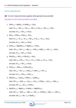Updated Ionic Equations Worksheet