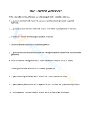Practice Ionic Equation Worksheet