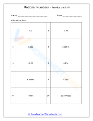 Rational Numbers Skill Practice Worksheet