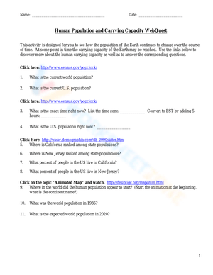 Human Population and Carrying Capacity WebQuest