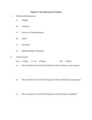 Thermodynamics Worksheet 1: Practice Energy