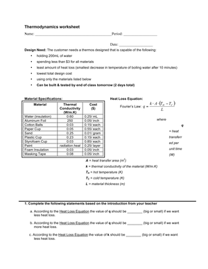 Updated Thermodynamics Worksheet 2: Advanced