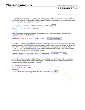 AP Physics Thermodynamics Worksheet with Answers