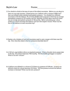 Understanding Boyle's Law: A Chemistry Worksheet