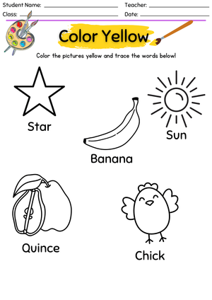 Kindergarten Yellow Color & Trace — Printable Worksheet