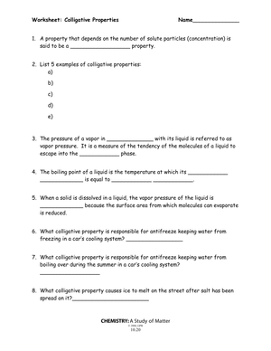 Worksheet: Colligative Properties in Chemistry