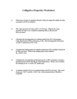 Colligative Properties Worksheet: Practice Problems