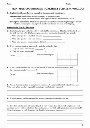 Printable Codominance Worksheet | Grade 9-10 Biology