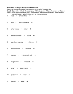 Single Replacement Reaction Worksheet