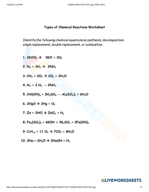 Single Replacement Reaction Practice Sheet
