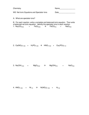 Net Ionic Equations and Spectator Ions Worksheet