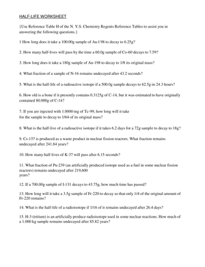 Half-Life Worksheet for Practice