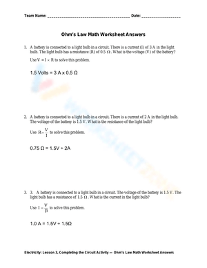 Ohm's Law Math Worksheet with Answers