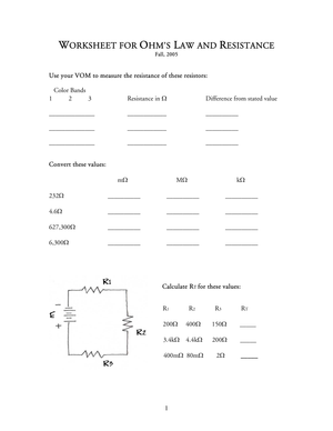 Worksheet for Ohm's Law and Resistance