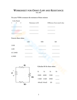 Worksheet for Ohm's Law and Resistance
