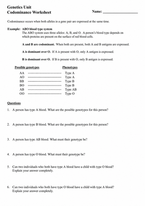 Printable Codominance Worksheet | Grade 9 Biology