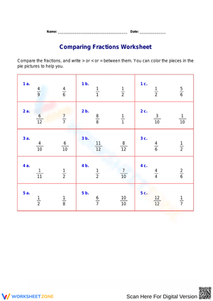  Fractions Worksheet: Greater or Less Than