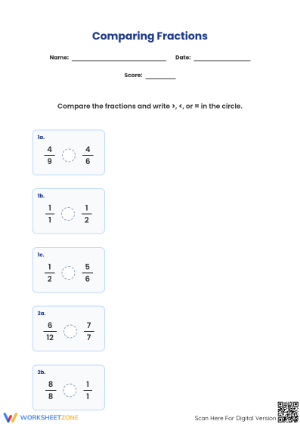 Printable Comparing Fractions Worksheet | Grade 5 & 6