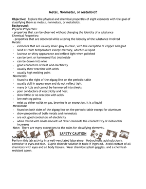 Metal, Nonmetal, or Metalloid Worksheet