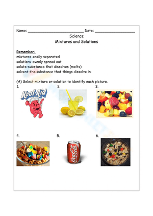 Mixture and Solutions Worksheet