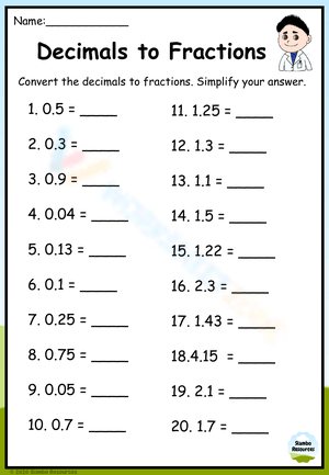 Decimals to Fractions Worksheet