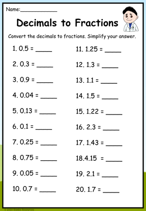 Decimals to Fractions Worksheet