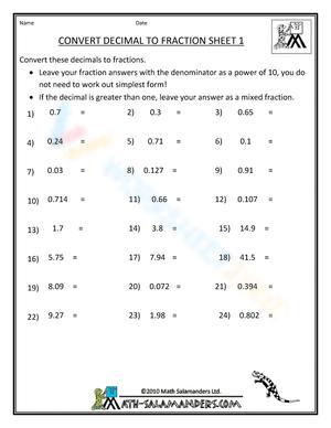 Converting Decimals to Fractions Worksheet