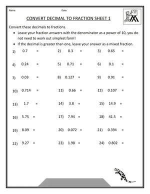 Converting Decimals to Fractions Worksheet