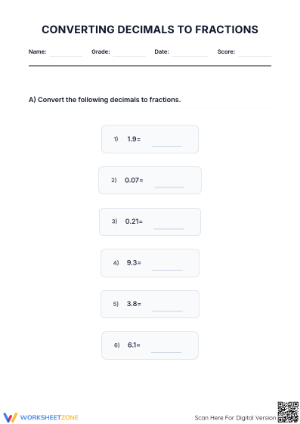 Decimal to Fraction Worksheet | Essential Grade 6-10 Ready