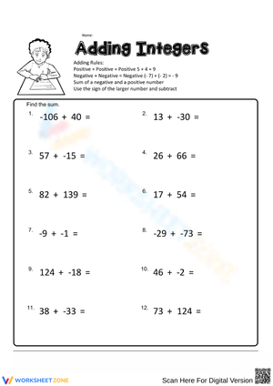 Integer Addition Practice Exercises