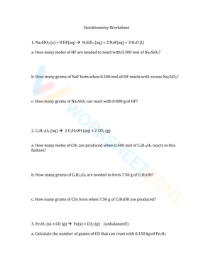 Stoichiometry Worksheet