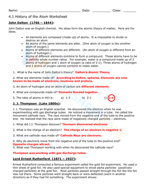 History of the Atom Worksheet: Updated Atomic Theory