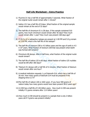 Half-Life Worksheet: Extra Practice for Chemistry