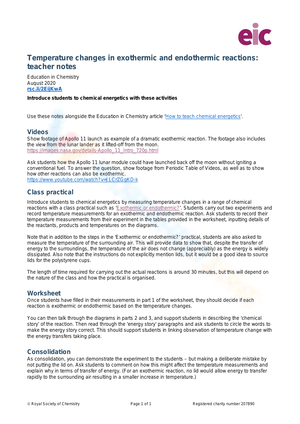 Endothermic and Exothermic Worksheet 3: Chemistry