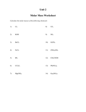 Molar Mass Calculation Worksheet for Chemistry Practice