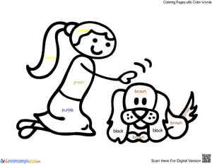 Color Word Recognition: Girl and Puppy | Essential Printable