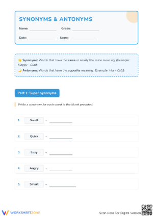 Printable Synonyms and Antonyms Worksheet | Grade 4 ELA