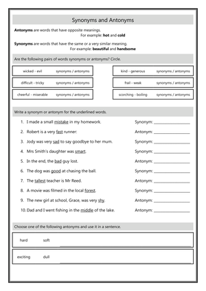 Synonyms and Antonyms Worksheet | Vocabulary