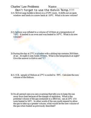 Charles's Law Worksheet: Gas Laws Practice