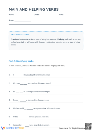 Main and Helping Verbs Complete Worksheet | Grade 4 ELA